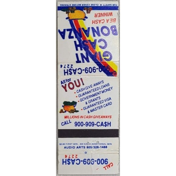 Giant Cash Bonanza Matchbook Cover 900 Number Promo Gambling Ad - Picture 2 of 5